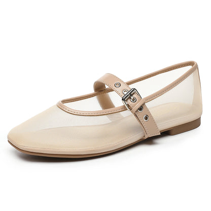 Mesh Ballet Flats for Women Square Toe Buckle Strap Mary Jane Flats Comfortable Casual Ballerina Shoes