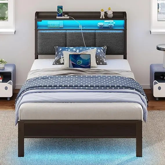 Rolanstar Bed Frame Twin Size with Charging Station and LED Lights, Upholstered Headboard with Storage Shelves, Heavy Duty Metal