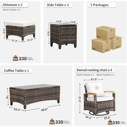 9 Pieces Outdoor Patio Furniture Sets,PE Wicker Patio Conversation Sets with 4 Wood Armrests Swivel Rocker Chairs，