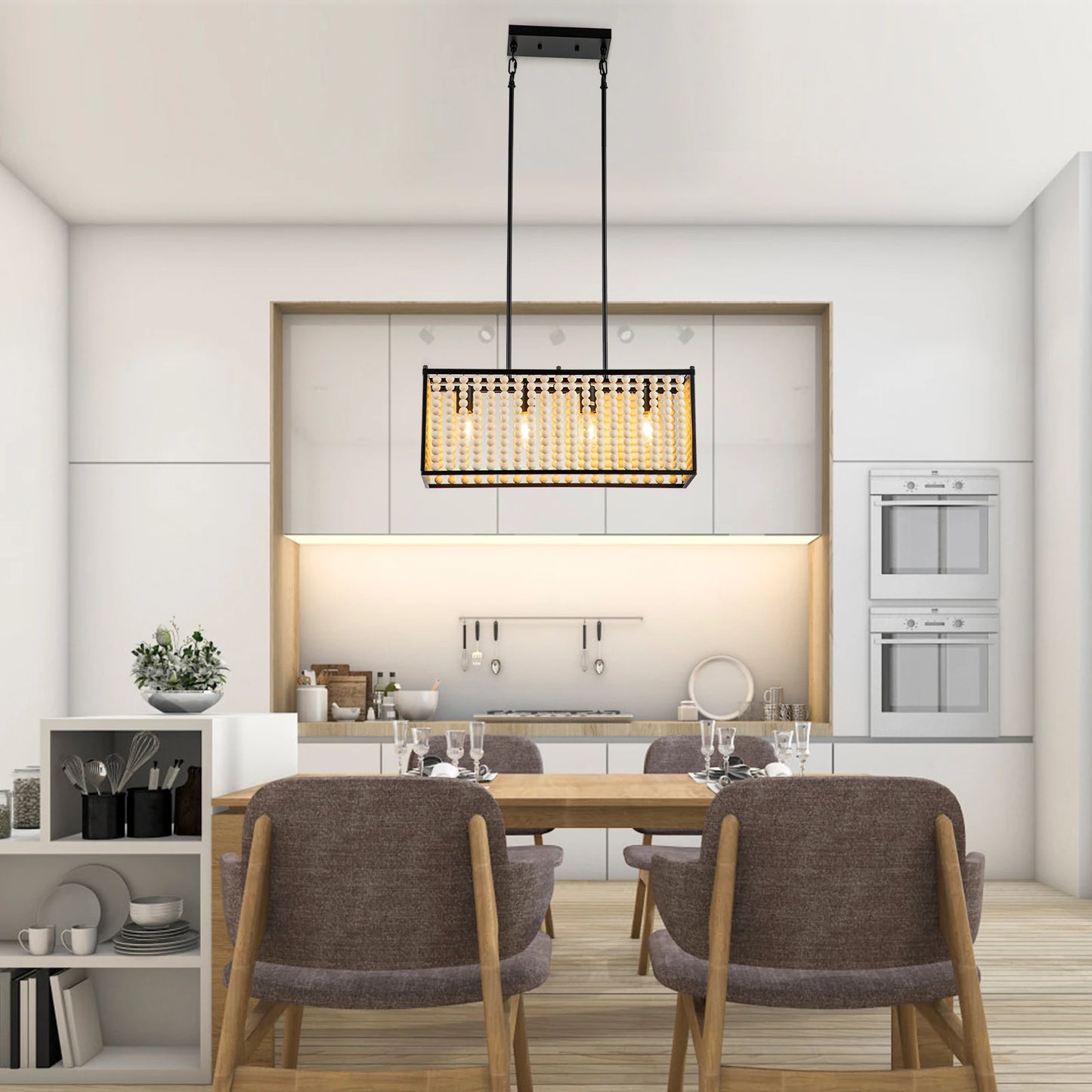 40W Wood Beaded Chandelier 110V Ceiling Mounted 4-Light Wood Beaded Chandelier Illumination 53.82-161.46ft²