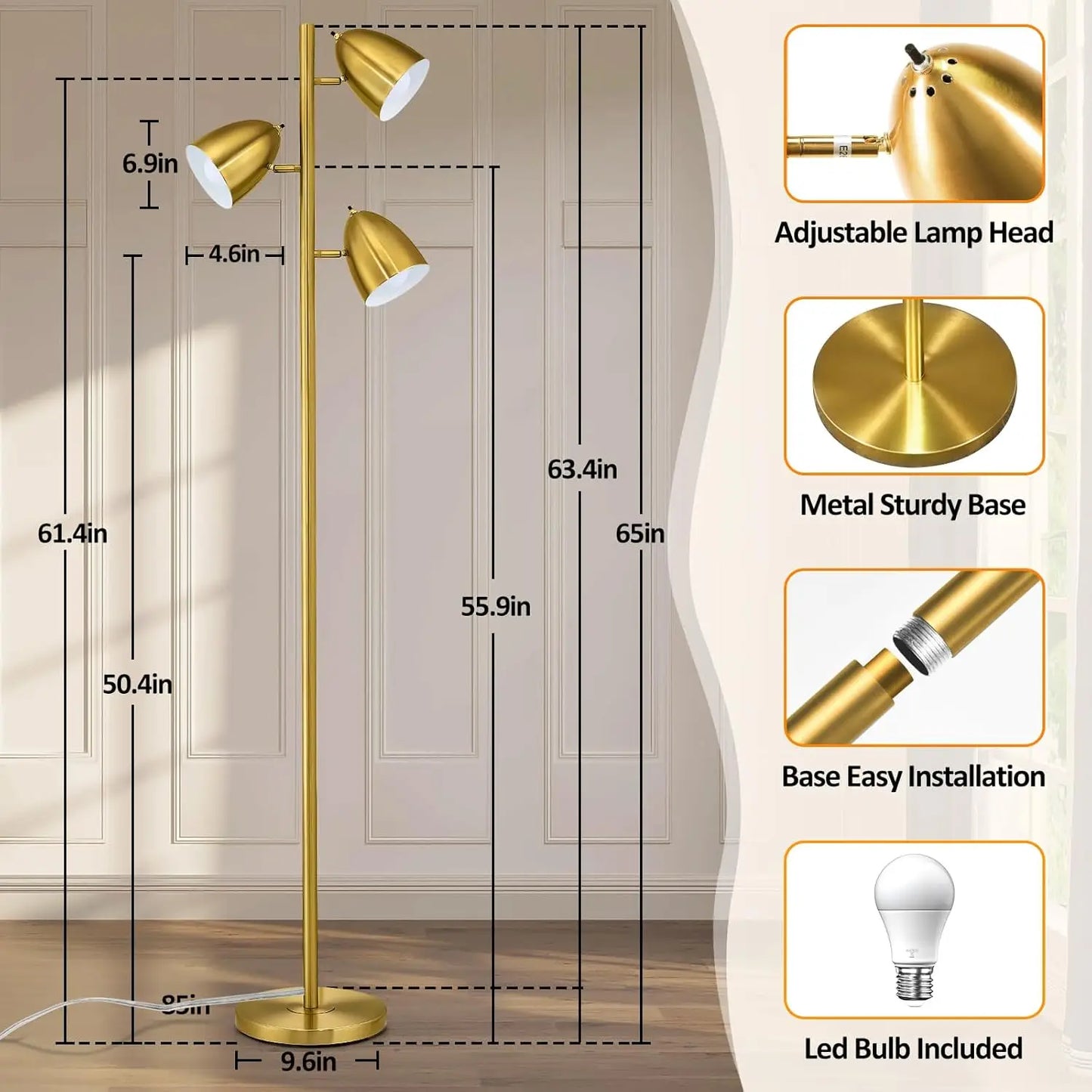 65" Modern Adjustable Floor Lamp with 3 E26 Bulbs, Gold Metal Heads for Living Room, Bedroom, Office
