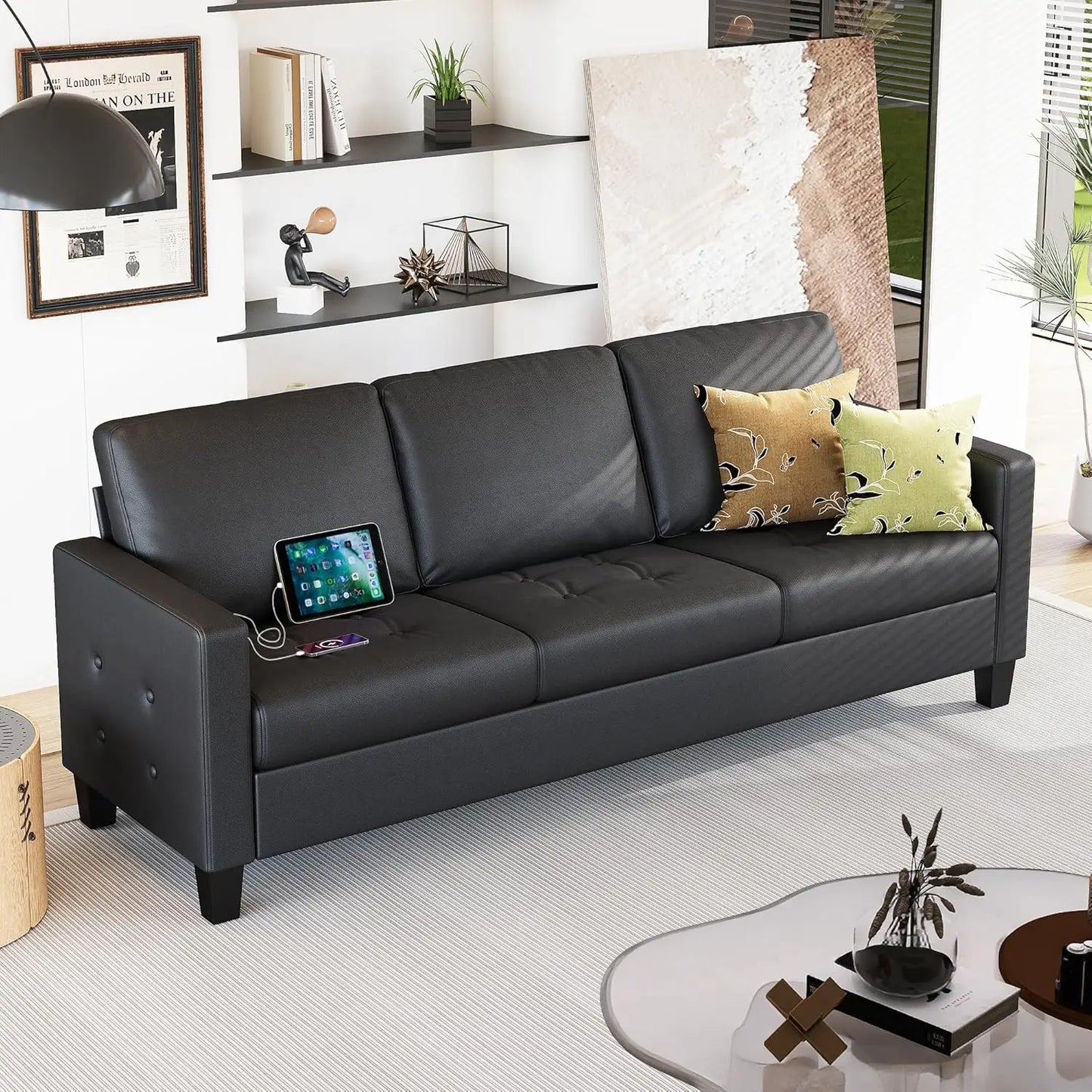 73” Black Faux Leather Sofa Couch, Modern Comfy Office 3 Seater Couch Loveseat with Tufted Armrest and USB, Customized