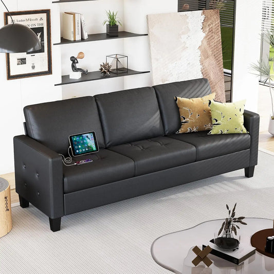 73” Black Faux Leather Sofa Couch, Modern Comfy Office 3 Seater Couch Loveseat with Tufted Armrest and USB, Customized