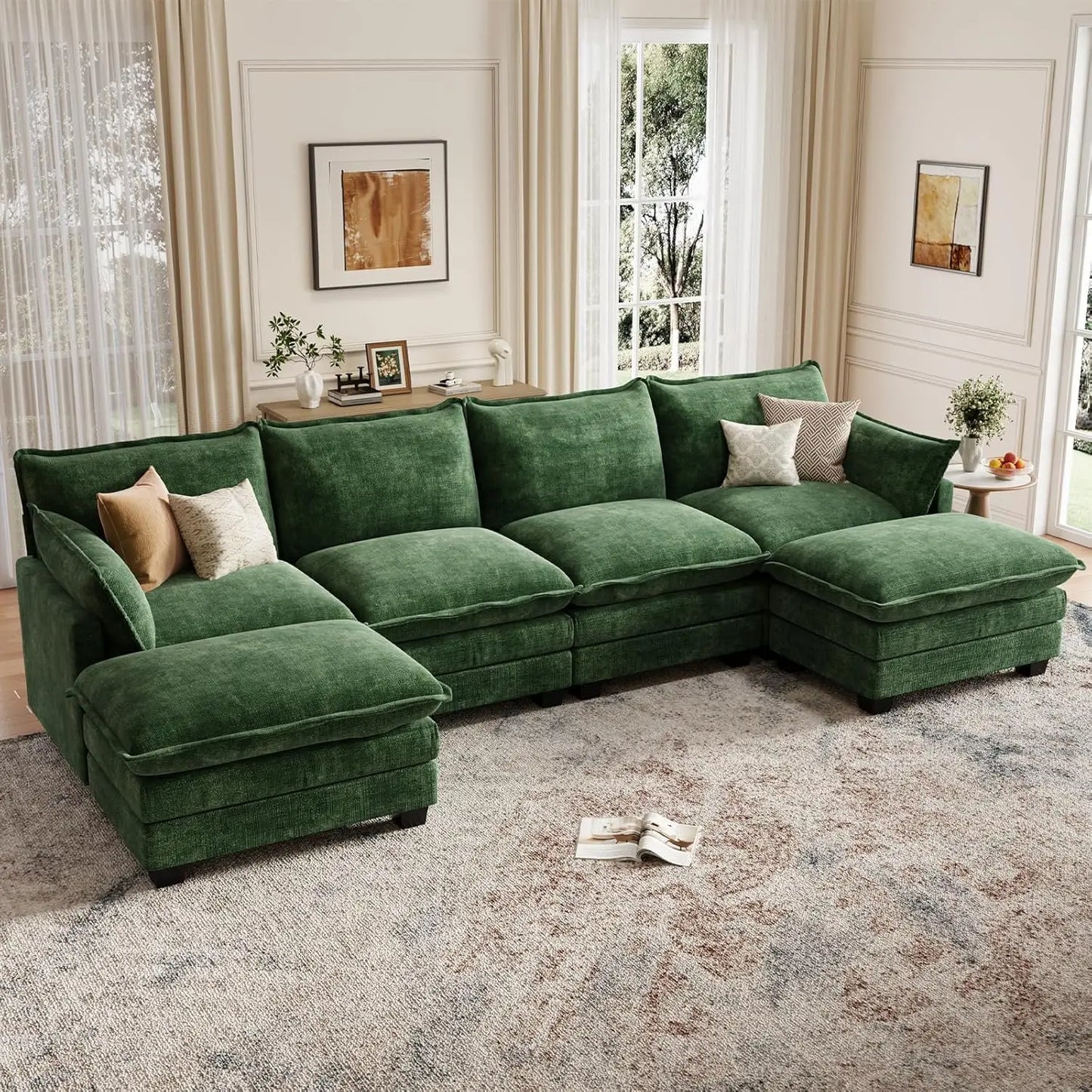 Modular Sectional U Shaped Sofa Couches for Living Room, Cloud Couch with Movable Ottoman, Comfy Chenille Sofa , Customized