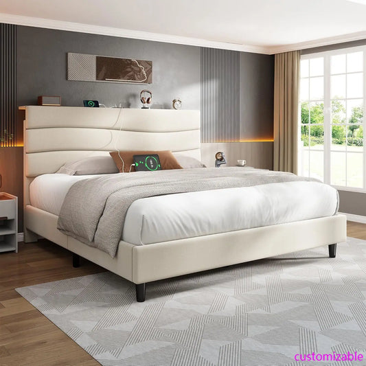 Queen Bed Frame with Fabric Upholstered Headboard, Storage Headboard and Charging Station, Queen Size Bed Frame