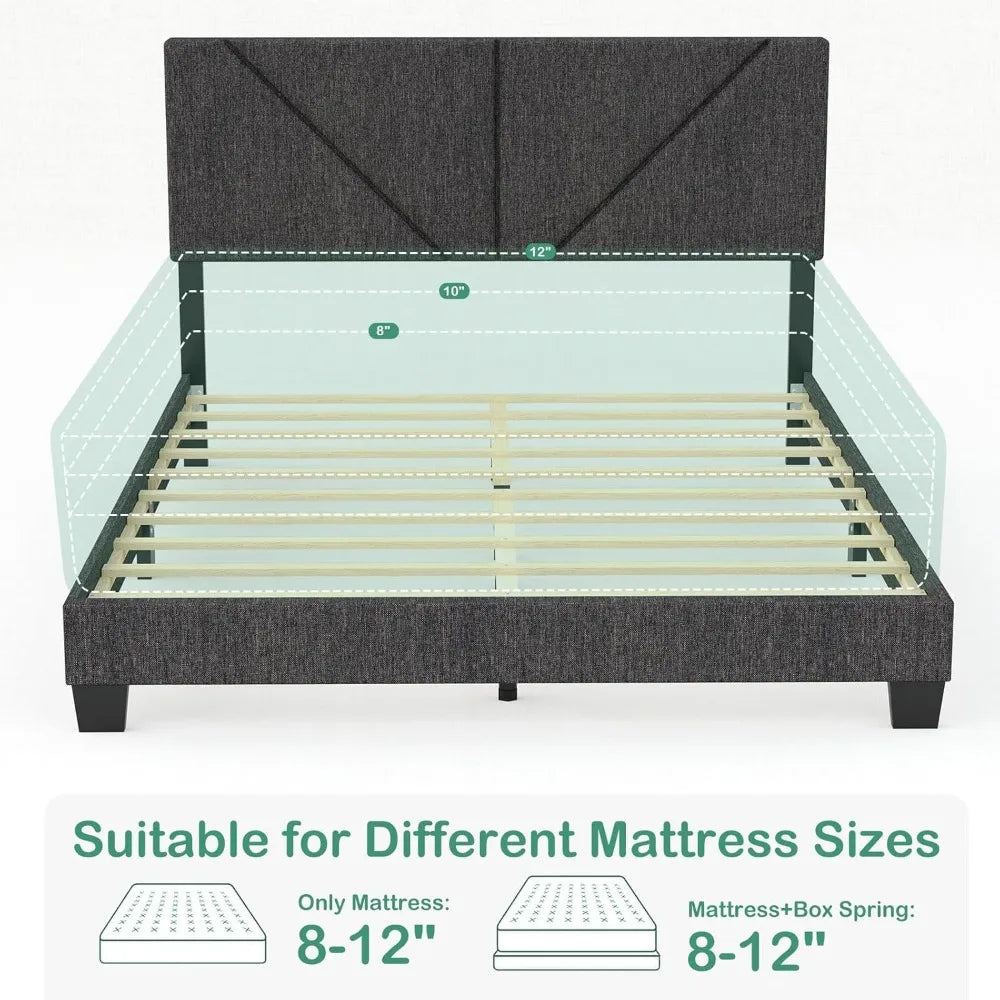 Queen Bed Frame with Headboard, Linen Upholstered Platform Bed Frame with Wood Slats Support, Adjustable Headboard
