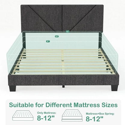 Queen Bed Frame with Headboard, Linen Upholstered Platform Bed Frame with Wood Slats Support, Adjustable Headboard