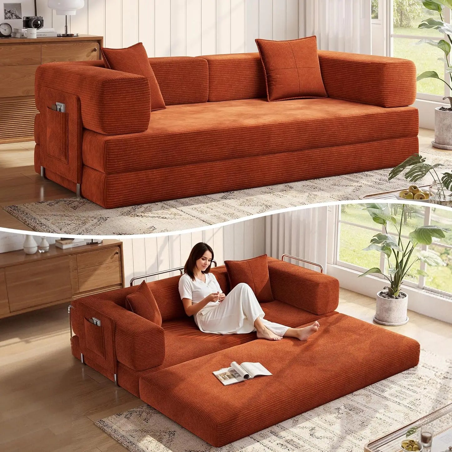 78.8''Sleeper Couch Bed for Livingroom，Convertible Modular Sofa with Armrest Pillow，Modular Fldable Corduroy, Customized