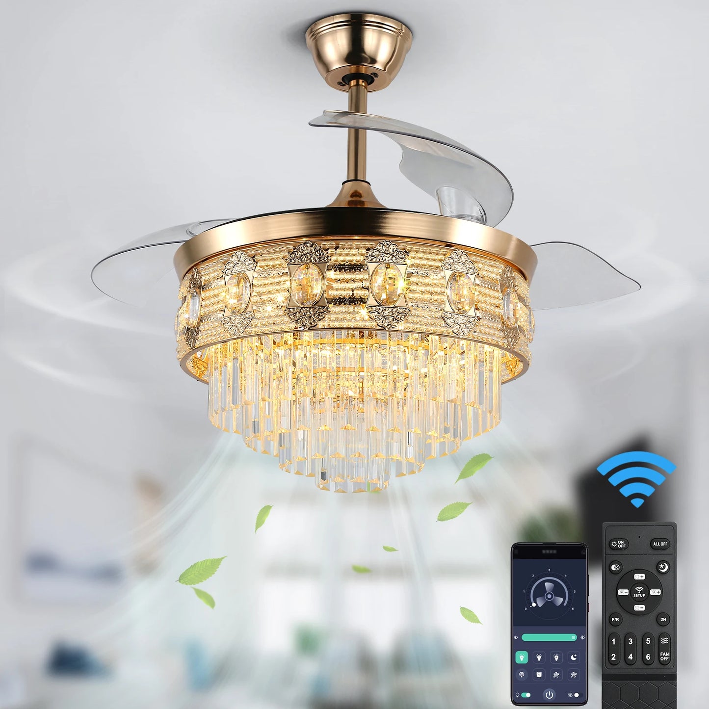 VETRULUS Modern Smart Ceiling Fan Chandelier Gold RC Adjustable 6 Speed Pendant Light Luminaire Bedroom 3 Heads Led Fandelier
