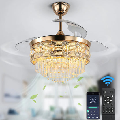 VETRULUS Modern Smart Ceiling Fan Chandelier Gold RC Adjustable 6 Speed Pendant Light Luminaire Bedroom 3 Heads Led Fandelier