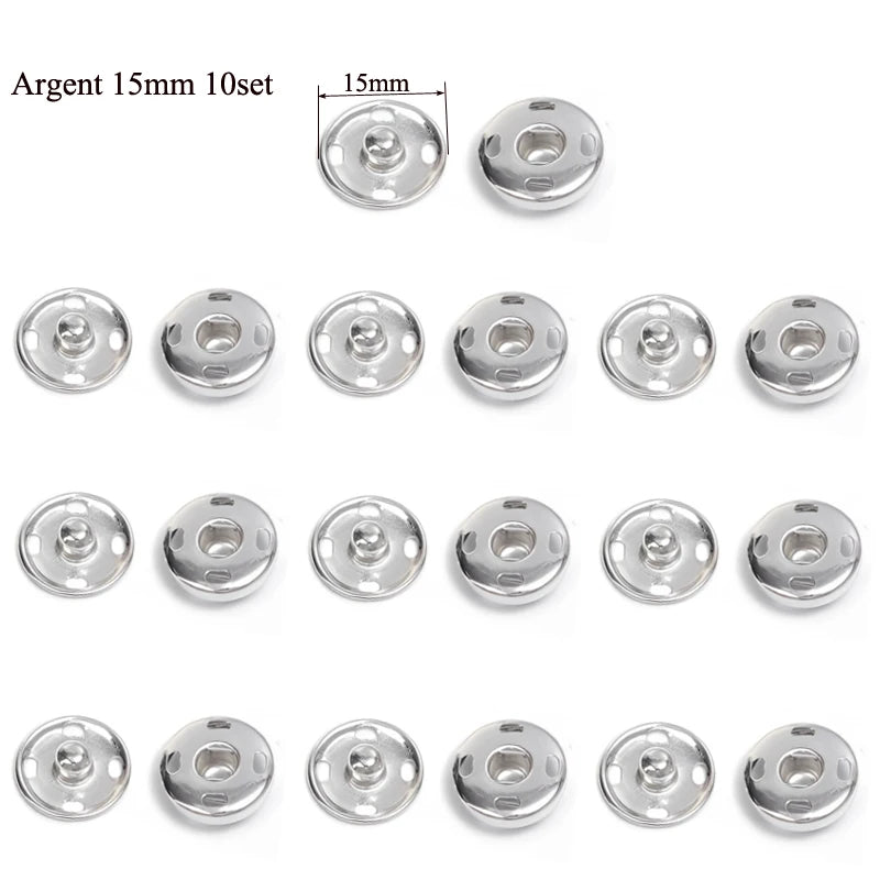 10/50Set 10-21mm Metal Sew-on Snap Buttons Black Silver Color DIY Sewing Clothing Snap Fastener Buttons Craft Press Studs Button
