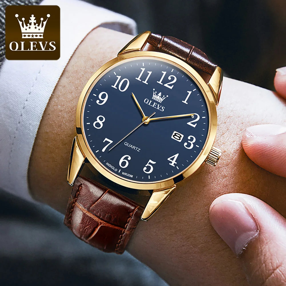 OLEVS Brand Fashion Quartz Watch for Men and Women Leather Strap Waterproof Original Watch Arabic Numeral Scale Giving to Elders