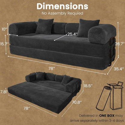 79" Boneless Corduroy Convertible Sofa Bed Foldable Memory Foam Compressed Modular Couch in a Box for Customized Comfort
