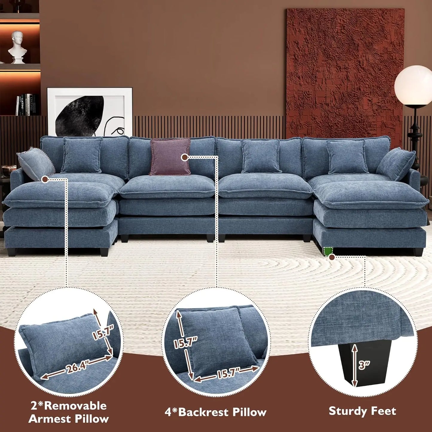 146" U-Shaped Modern Sofa Modular Sectional Cloud Couch with 2 Ottoman, 6-Seat Chenille Deep Seat Sofa with 6, Customized