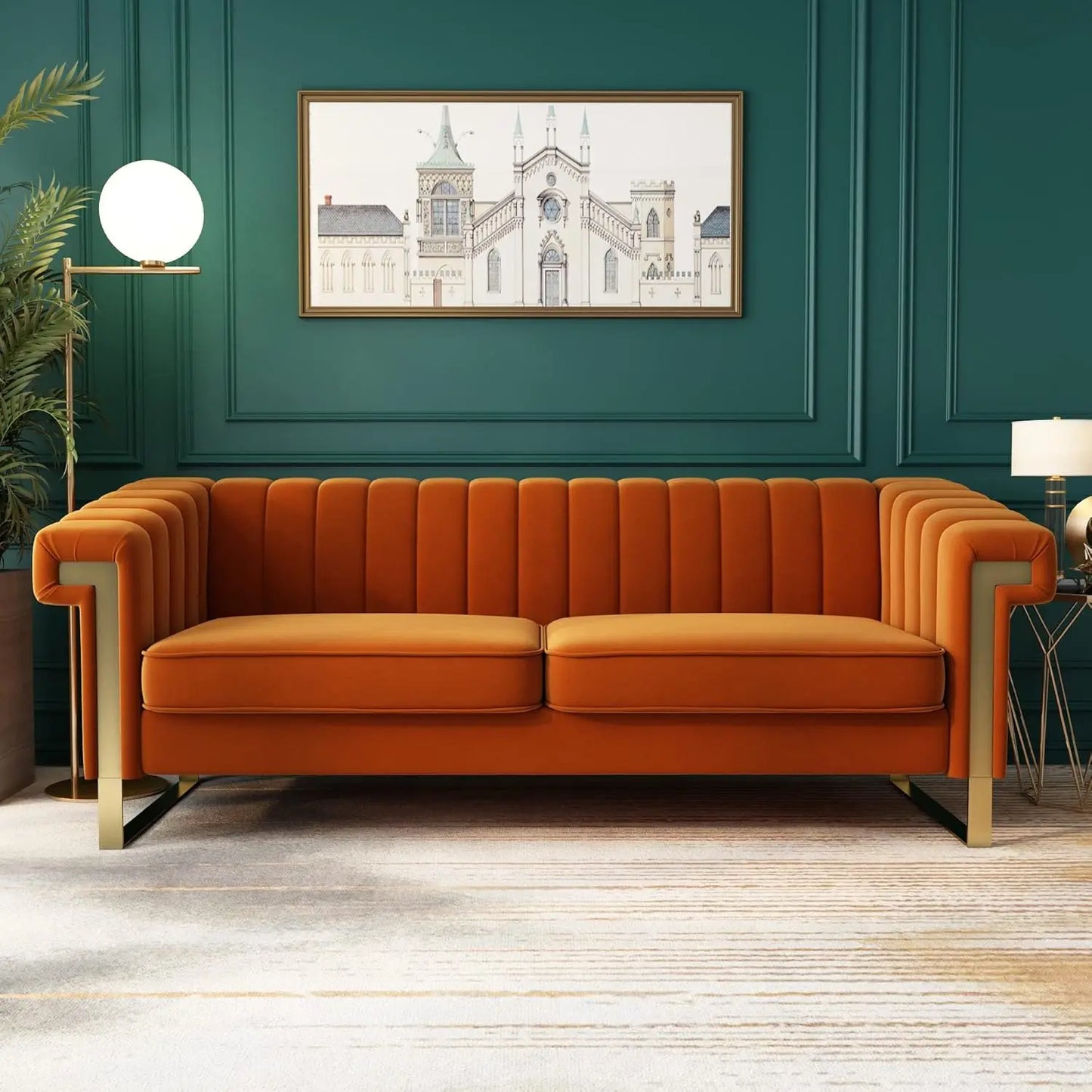 83'' Orange Velvet Couch Sofa Mid-Century Modern Love Seat Chesterfield 3 Seat Couches Sofa For Living Room Apartment (Orange)