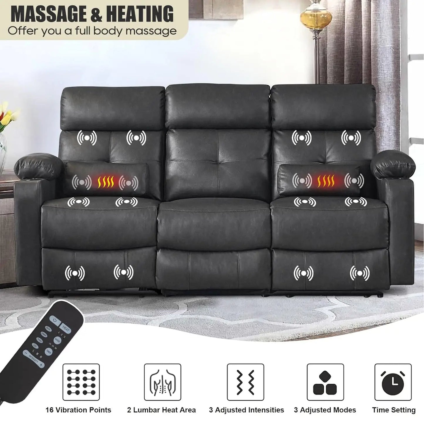 Power Reclining Sofa with Heat and Massage, Electric Reclining Couch with Extended Footrest, Wall Hugger Recliner, Customized