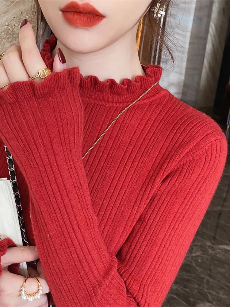 Turtleneck Sweater Women Fashion 2025 New Binding Stretch Tops Women Knitted Pullovers Long Sleeve Bottoming Knitted Sweater
