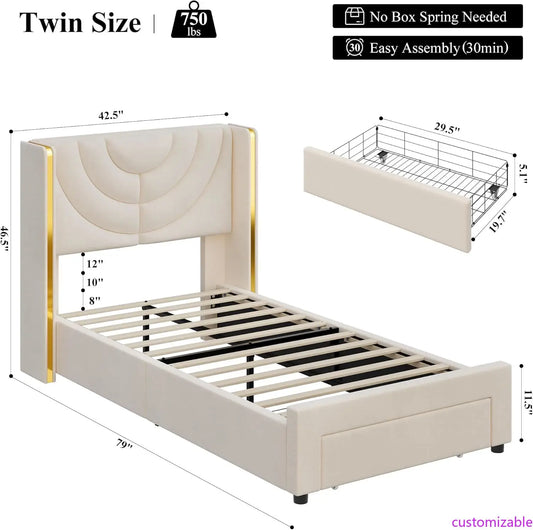 NEW Twin Upholstered LED Bed Frame with Storage Drawer, Velvet Kids Bed with Wingback Headboard, Princess Twin Platform Bed for