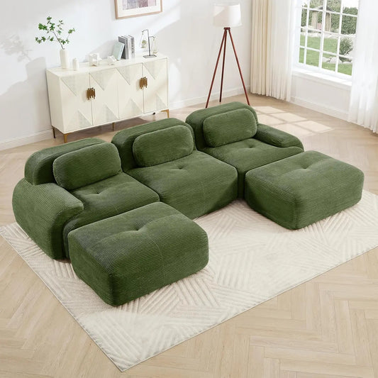 116" Modern Corduroy Cloud Sofa with Ottoman, U Shaped Boneless Modular Large Sectional Couches for Living Room, Green 3 Seater