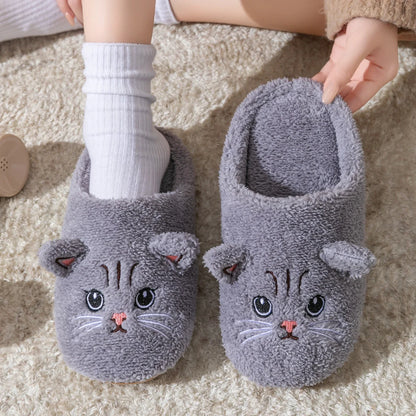 Cute Cat Design Plush Ladies Slippers Autumn And Winter Indoor Floor Non-Slip Soft Bottom Comfortable Warm Home Shoes for Unisex