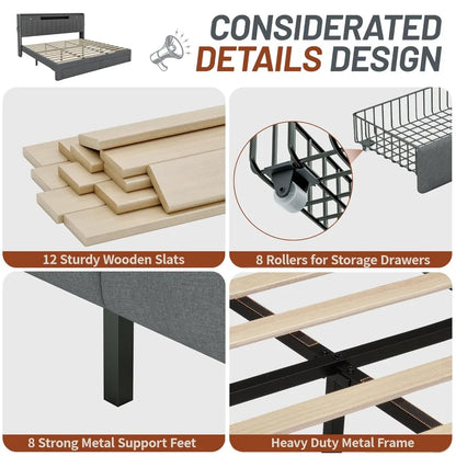 Bed Frame with 4 Storage Drawers, Upholstered Platform  Bed Frame and Headboard, 3 USB & Type-C, Customized