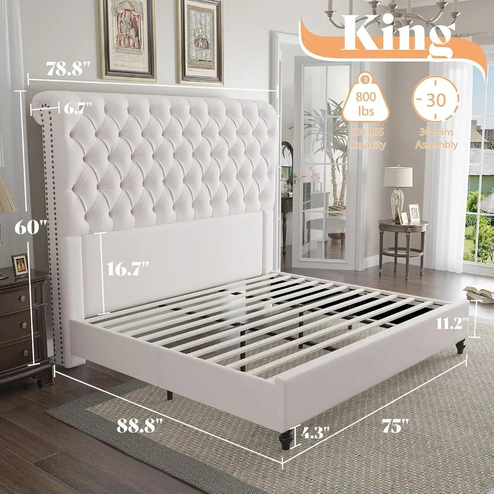 King Size Bed Frame 60" Tall Sleigh Headboard Bed with Velvet Upholstered Platform, No Box Spring Needed