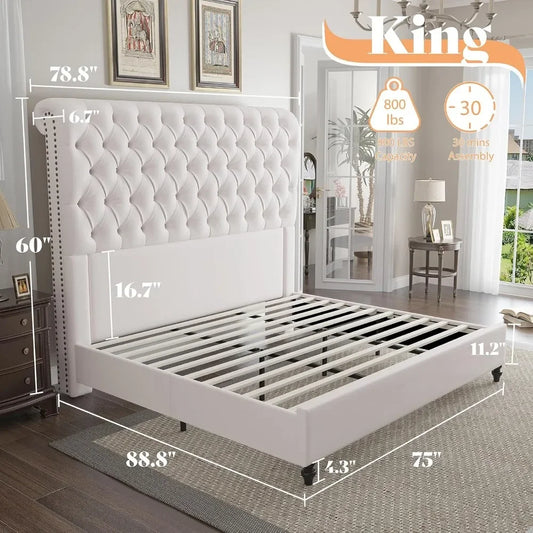 King Size Bed Frame 60" Tall Sleigh Headboard Bed with Velvet Upholstered Platform, No Box Spring Needed