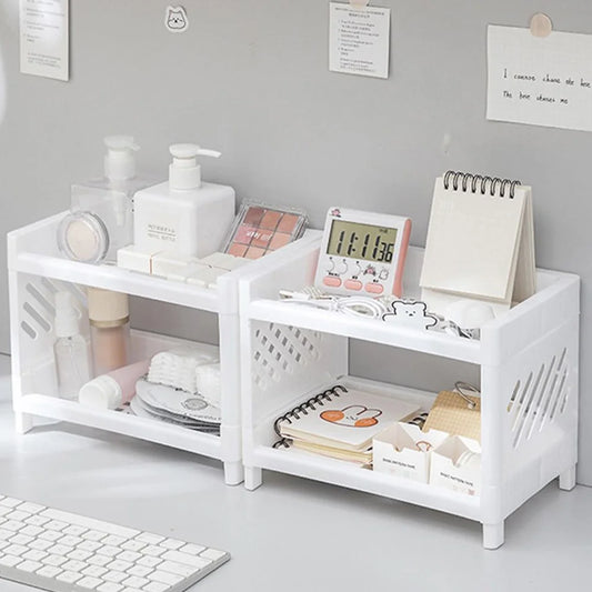 Double Layer Desk Organizer - Plastic Makeup Storage Shelf for Office/Bathroom/Kitchen | Vanity Shelf Cosmetic Display Rack