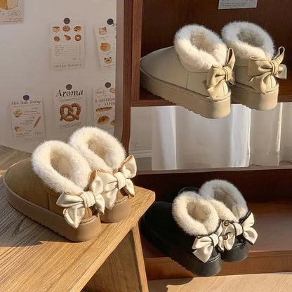 2024 New Bow Women's Thick-Soled Warm Fleece-Lined Cotton Shoes Versatile Snow Boots Korean Style Increased Height For Students