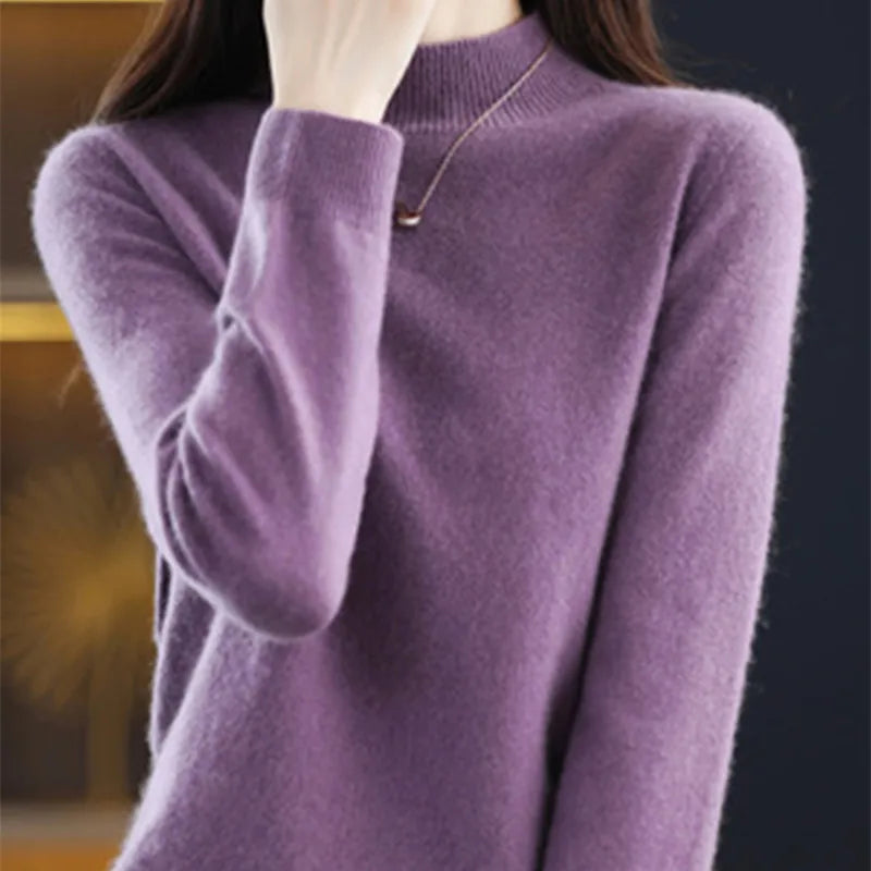 Half High Solid Color Cashmere Sweater For Women Loose Pullover Autumn and Winter Contracted Commuter Basic Knitwear Top Base