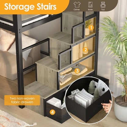 Twin Size Loft Bed with Stairs & Storage - Sturdy Metal Frame, Space Saving Design for Teens & Small Rooms