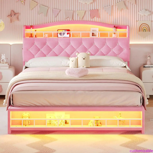 NEW Queen Szie Girls Bed with LED Lights & Charging Station, Princess Queen Size Bed Frame with Hidden Storage Headborad