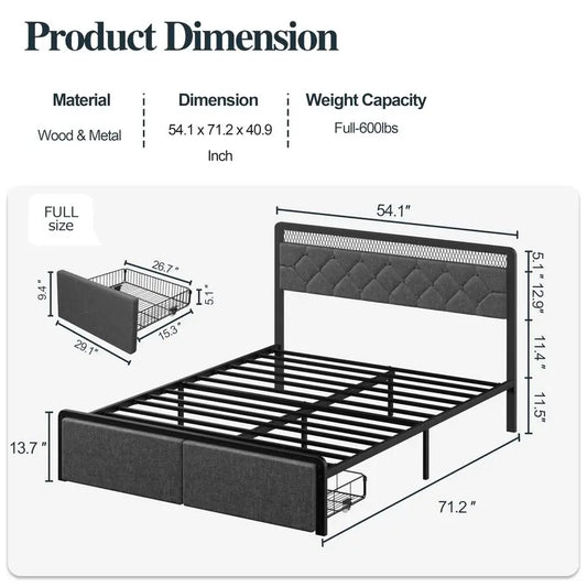 Full Size Bed Frame with Storage Drawers and Smart LED Headboard, Upholstered Platform Bed with NoiseFree Metal Support, No Box