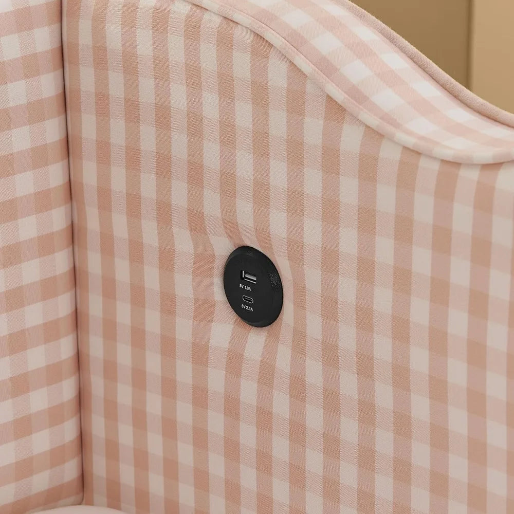 Twin Size Sofa Bed with Trundle, USB Port, Linen Fabric - Navy & Pink Gingham Design
