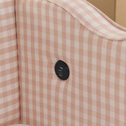 Twin Size Sofa Bed with Trundle, USB Port, Linen Fabric - Navy & Pink Gingham Design