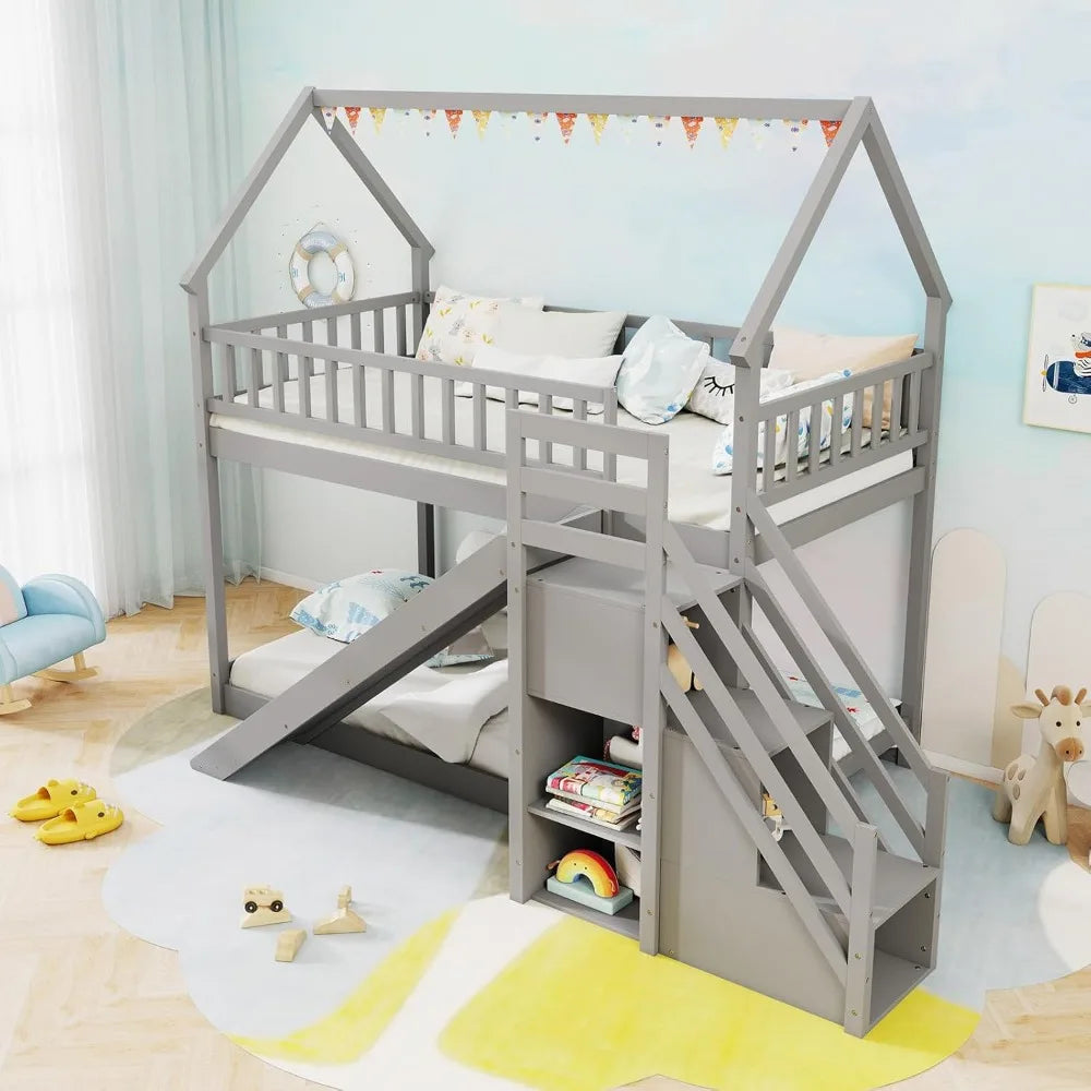 Bunk Bed Twin Over Twin with Slide & Stairs, Wood Bunk Bed with Storage Shelves, No Box Spring Needed, Twin Floor