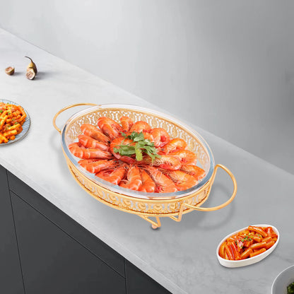 Gold Oval Table Standing Chafing Dish Set, 2L/2.11qt Stainless Steel & Glass Buffet Food Warmer for Catering, Parties & Home Use