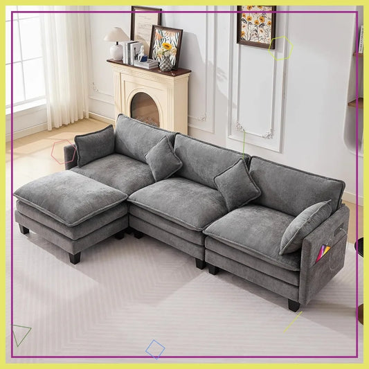 108" Modular Sectional Sofa with Ottoman, L-Shaped Cloud Couch, USB Charging Ports, Deep Seat Chenille Fabric, Dark Grey