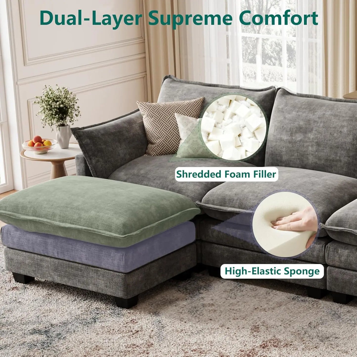 Cloud Couch Modular Sectional U Shaped Sofa with Movable Ottoman Comfy Chenille Living Room Furniture Customized