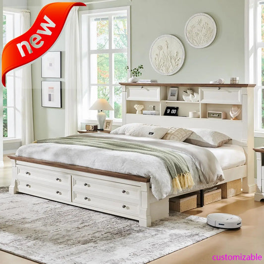 NEW Farmhouse King Size Bed Frame with 54" Tall Storage Bookcase Headboard, Wood Platform Bed Frame(Antique White)