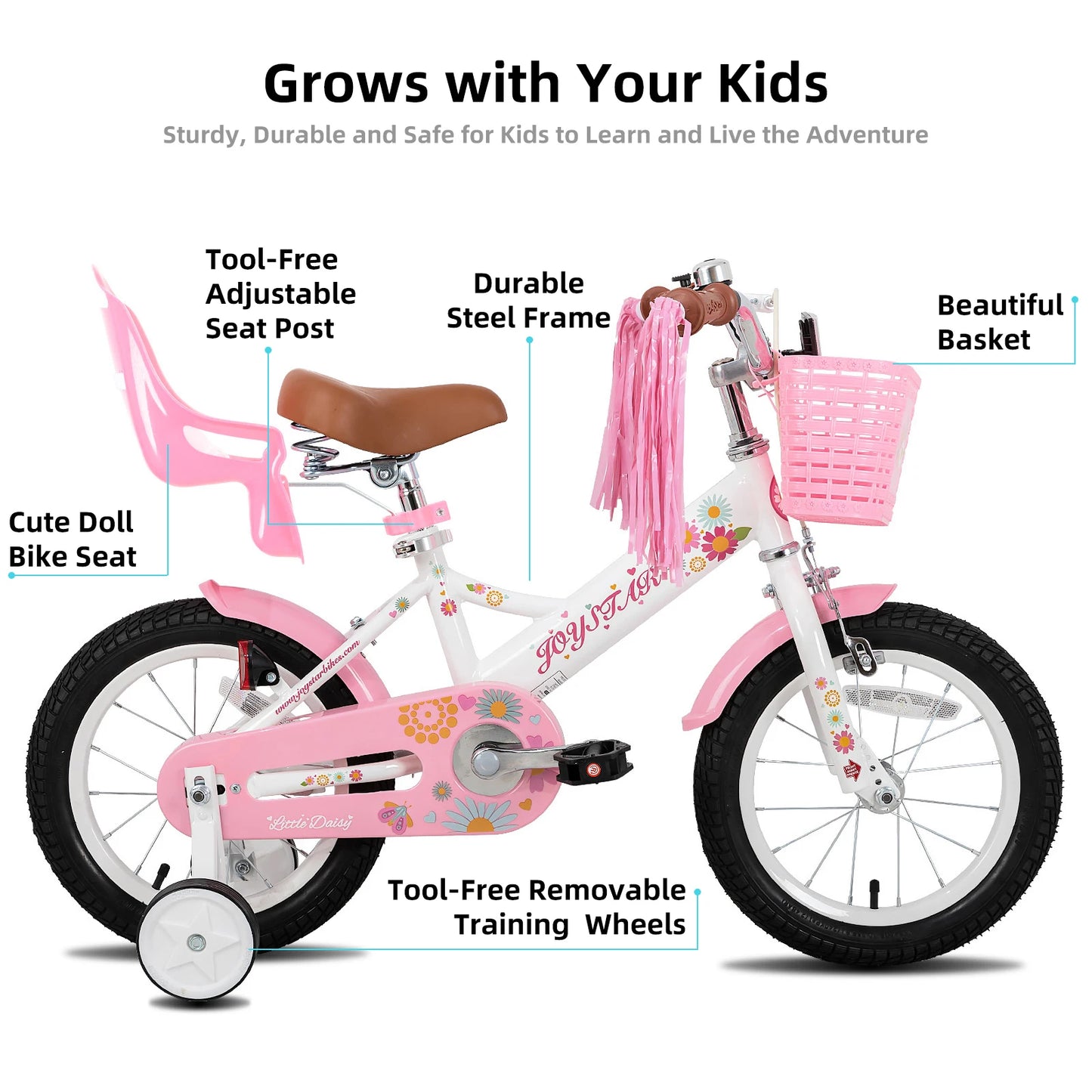 JOYSTAR Kids Bike for Ages 2-7 Years kids, 12 14 16 Inch Girls Bikes with Doll Seat & Streamers, Boys Bike with Flag & Plate