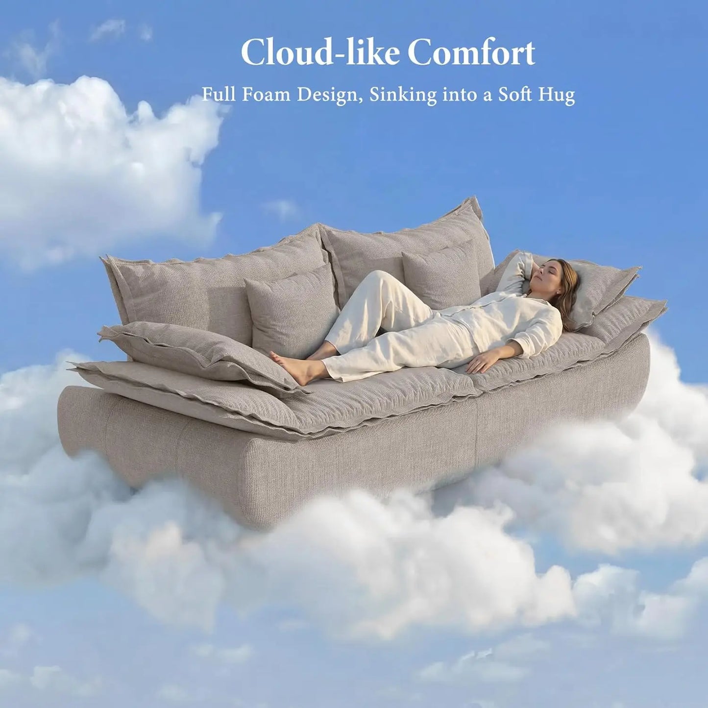 Modern 3-Seater Cloud Couch with Deep Seat, Comfy Chenille Upholstery, Curved Armrests, No Assembly Required, Light Grey