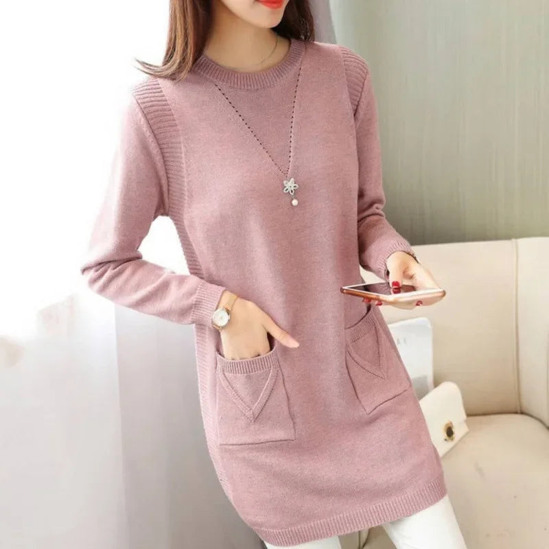 2024 New Style Korean Version Loose-Fit Medium-Length Knit Base Layer Top Women's Pullover Sweater Skirt Fleece-Lined Thickened