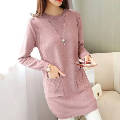 2024 New Style Korean Version Loose-Fit Medium-Length Knit Base Layer Top Women's Pullover Sweater Skirt Fleece-Lined Thickened