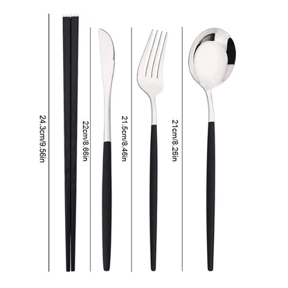 15-20Pcs Korean Dinnerware Set Black Silver Cutlery Set Chopsticks Knife Fork Spoon Stainless Steel Luxury Tableware Set