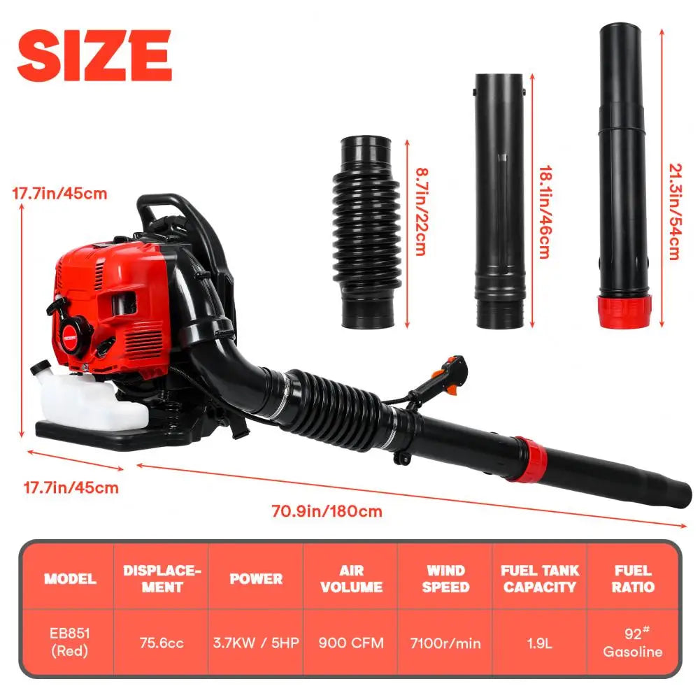 Leaf Blower, 75.6CC 4-Stroke Backpack Gas Leaf Blower, Snow Blower, Up to 900 CFM and 210 MPH, Variable Speed, Cruise Control