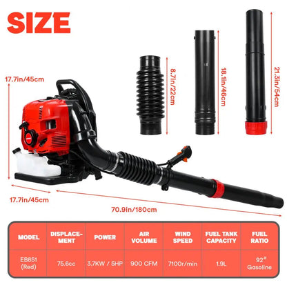Leaf Blower, 75.6CC 4-Stroke Backpack Gas Leaf Blower, Snow Blower, Up to 900 CFM and 210 MPH, Variable Speed, Cruise Control