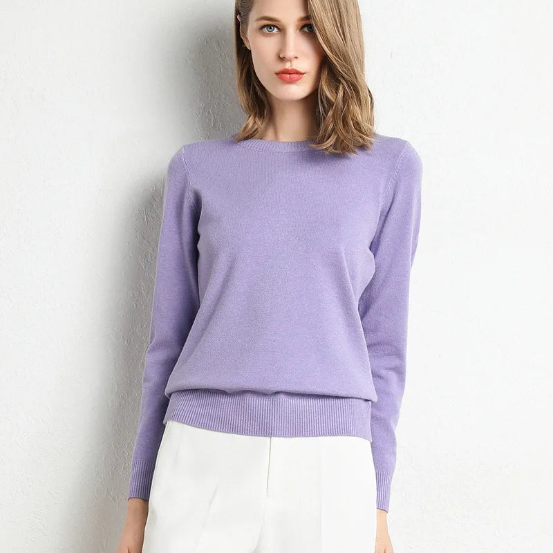 Women Slim O-Neck Pullover Cashmere Wool Blending Sweater Autumn And Winter Long-Sleeved Knit Bottoming Shirt Large Size 2024