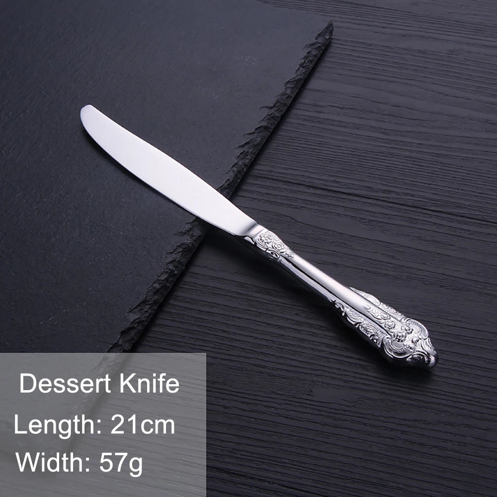 Vintage Western Stainless Steel Cutlery Set Luxury Tableware Wedding Engraving Dinnerware Knife Fork Spoon Sliverware 1 Pcs