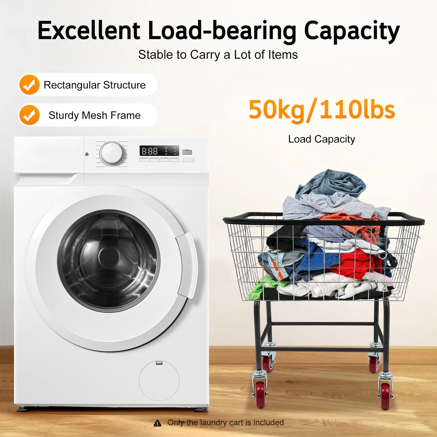 Large Capacity 110 Lbs Steel Wire Laundry Cart, 20*8*15.7in Laundry Basket with Wheels, Commercial Laundry Basket Cart